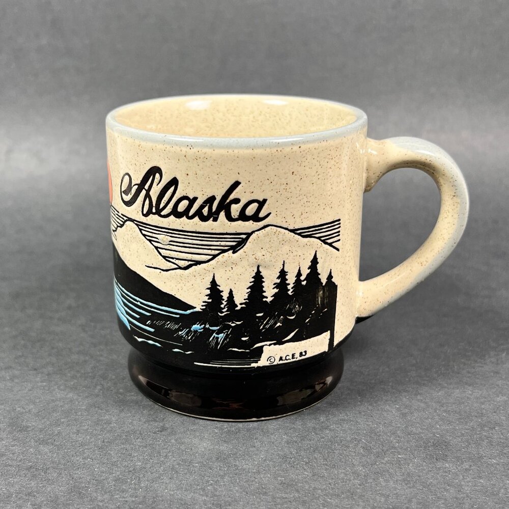 Vtg Alaska ACE Ceramic Stoneware Coffee Mug Cup Ivory Landscape Sunset Mountains